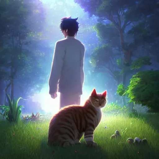 Prompt: a cat exists next to a man. animal. digital art. artstation. realistic. vibrant. illustration. in the style of pixar movie. octane render. art by makoto shinkai, stanley artgerm lau, wlop, rossdraws. volumetric lighting.