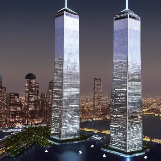 Prompt: the twin towers of the world trade center in 2 0 2 2, night, hyper realistic
