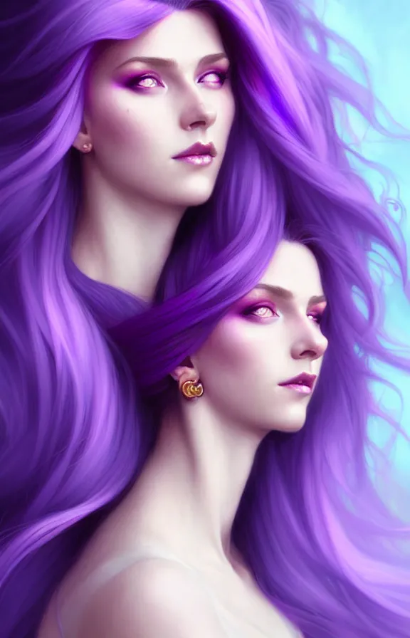 Image similar to Purple hair relistic Portrait of a woman with bright colored flying hair, all shades of purple. Hair coloring, long hair, blue eyes, fantasy, intricate, elegant, highly detailed, digital painting, artstation, concept art, smooth, sharp focus, illustration, art by artgerm and greg rutkowski and alphonse mucha