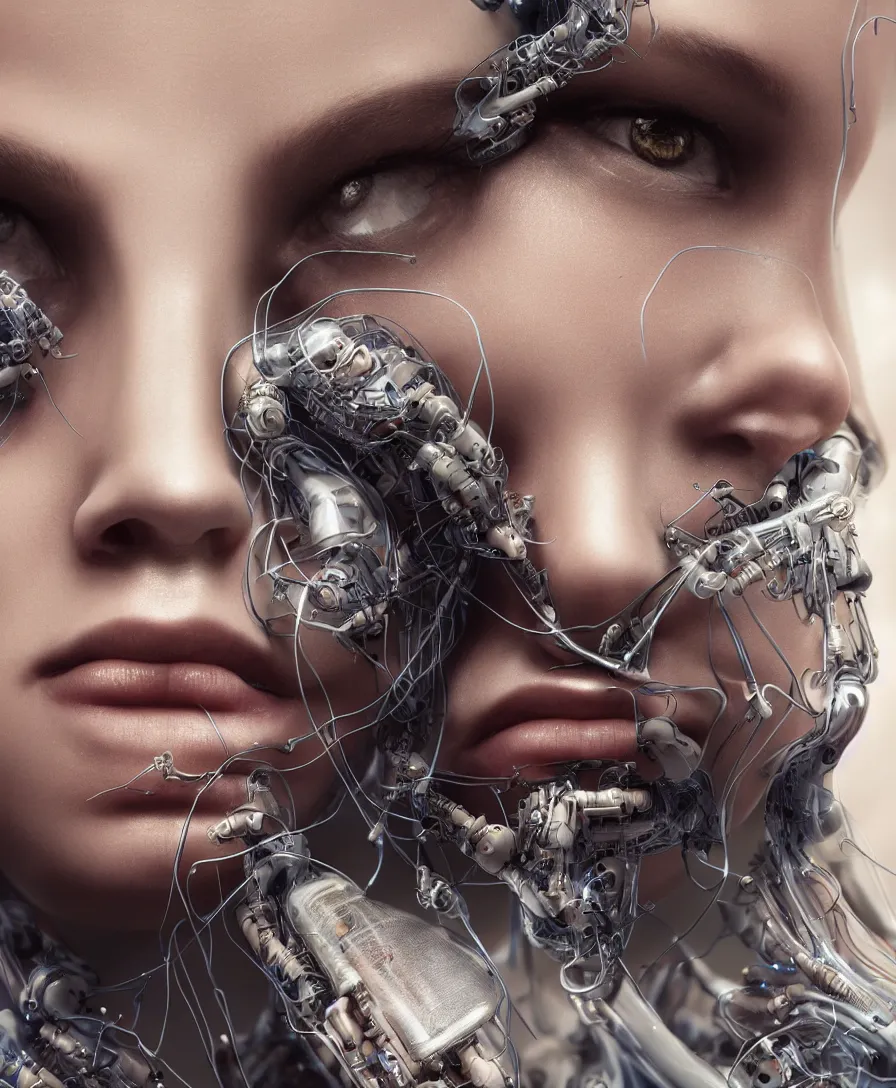 Prompt: a beautiful close up portrait of human face, with epic bionic cyborg implants, wires, tubes, biomechanical details, liquid, prismatic highlights, ex machina style, cinematic, concept art, 5 0 mm, elegant, octane render, vray