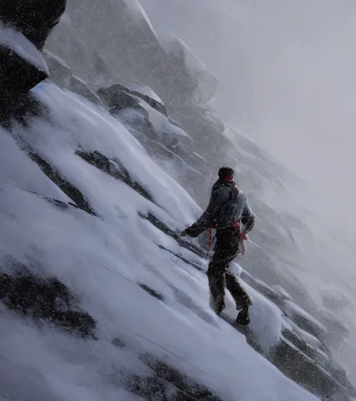 Image similar to a climber climbs a snowy mountain in a storm, close view, painting by craig mullins, octane rendering, soft morning lighting, wide angle lens, in the style of hayao miyazaki, trending on artstation,