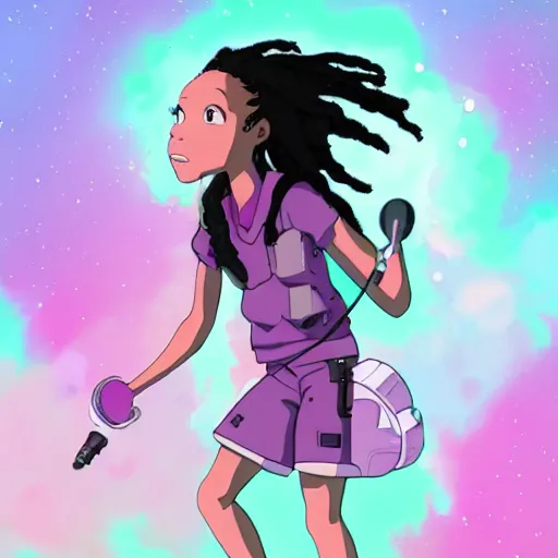 Prompt: black woman with purple dreads with a microphone in space in the style of ghibli