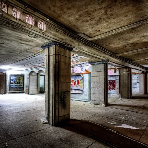 Prompt: color photo of an abandoned art deco subway station