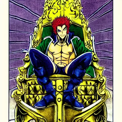 Prompt: dio from jojo's bizarre adventure sitting on a throne, manga art by hirohiko araki