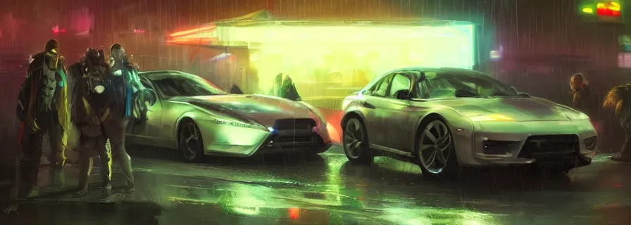 Image similar to a squad riding to party in car, rain, harsh neon lights, highly detailed, digital painting, trending on artstation, concept art, sharp focus, illustration, art by artgerm and greg rutkowski and magali villeneuve
