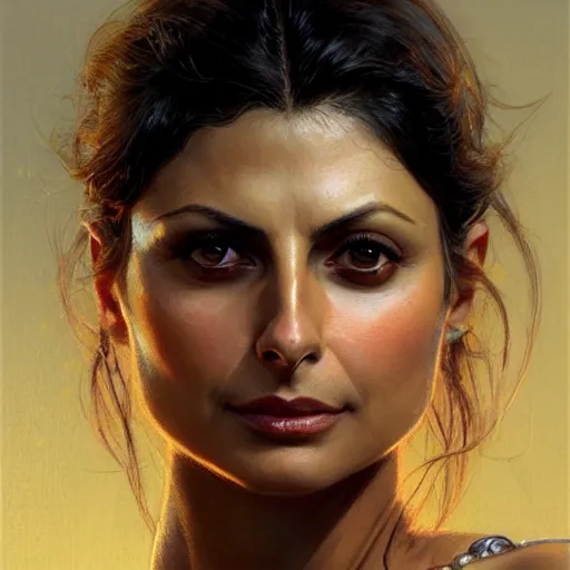 Prompt: Morena Baccarin, closeup character portrait art by Donato Giancola, Craig Mullins, digital art, trending on artstation