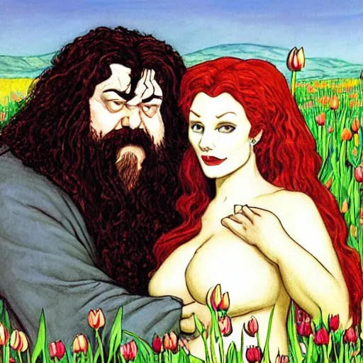 Image similar to hagrid the viking and morticia addams kiss in a field of tulips, masterpiece, highly detailed, oil on canvas, art by rebecca guay