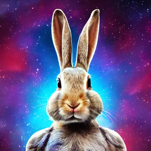 Prompt: rabbit's face only, frontal view, higher realistic, nebula space background