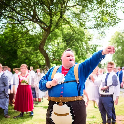 Image similar to An obese german in Lederhosen at a wedding, EOS-1D, f/1.4, ISO 200, 1/160s, 8K, RAW, unedited, symmetrical balance, in-frame