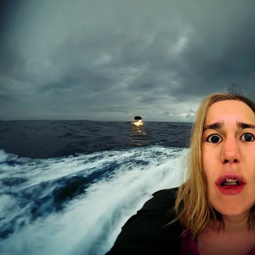 Image similar to Selfie!!!!! of a frightened!!!!! woman, in the middle of the ocean!!!!!, nighttime!!!!, cloudy dark sky, first-person view, fisheye!!!!! lens!!!!!, photorealistic image, trending on artstation, 4k, 8k