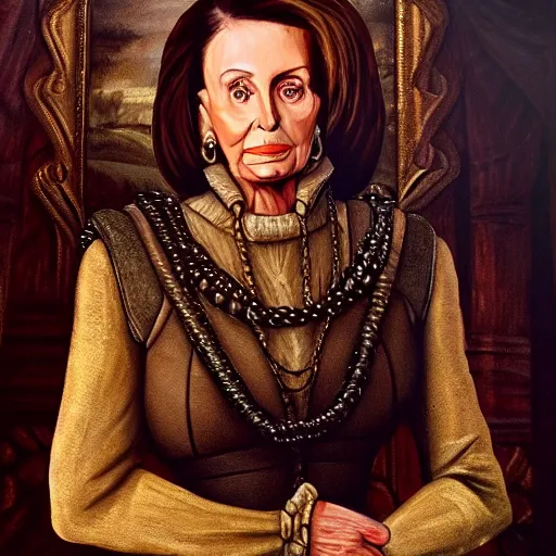 Prompt: painting of nancy pelosi standing in front of 1 6 th century backdrop. she looks like vigo the carpathian wearing armor. patina on armor. she ominously stares forward. hand on hip, arm resting on large stone. sepia toned. dramatic lighting. painting by lou police for ghostbusters 2.