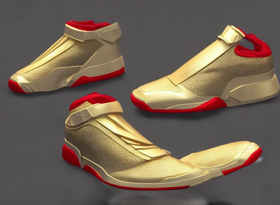 Prompt: realistic 3 d render of a futuristic sneaker, beautiful studio lighting, soft, sharp focus, neon cyberpunk highlights, intricate detail, gold and red leather, soft white rubber, shiny plastic, hexagon mesh, gold filigree, octane render, side view, close up, trending on artstation, deviantart, nike, adidas, reebok, salomon