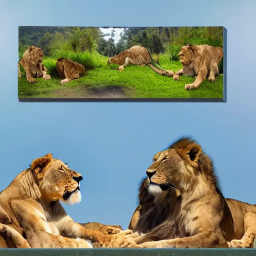 Image similar to award winning panoramic nature photography, a scenic picture of a birthday cake surrounded by lions. balloons are in the background. birthday party setting. extremely detailed lioness. hyperrealistic, 8 k