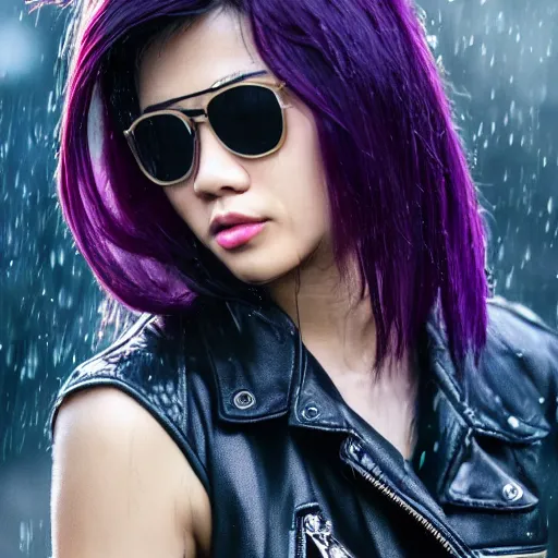 Image similar to photo of a gorgeous wet asian female with long dark purple hair in the style of stefan kostic, realistic, cyberpunk, leather jacket, aviators, mask, nighttime, rain storm, body shot, sharp focus, 8 k high definition, insanely detailed, intricate, elegant, art by stanley lau and artgerm, floating embers