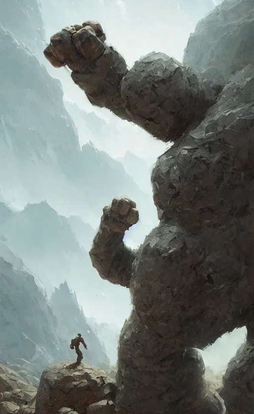 Prompt: a stone golem hitting a mountain with his fist, greg rutkowski, 8 k, shallow depth of field, intricate detail, concept art,