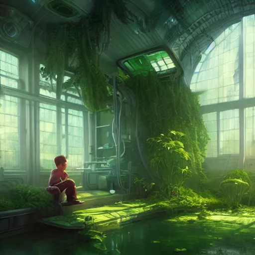 Image similar to , boy with grandma in scifi green house, spaceship, plants, stephen bliss, misty, unreal engine, pixar, fantasy art by greg rutkowski, loish, ferdinand knab, and lois van rossdraws, global illumination, radiant light, minimalist, detailed and intricate environment