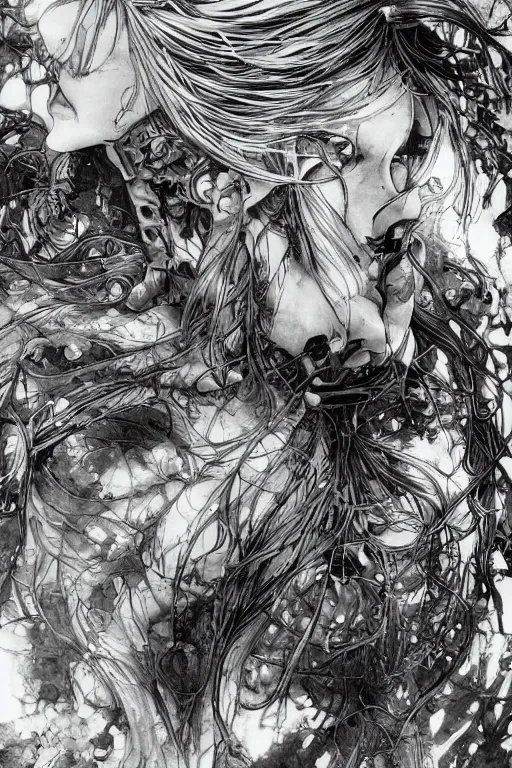 Image similar to a vertical portrait of a character in a scenic environment by Yoshitaka Amano, black and white, dreamy, cybernetic suit, wavy long black hair, highly detailed