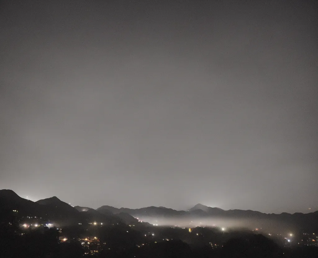 Image similar to 3 5 mm film of explosion in the sky, view from a korean traditional village, camera pans upwards, 4 k, night, fog