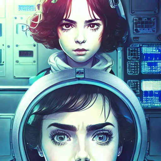 Prompt: character portrait of Lily Collins with gorgeous detailed eyes in the control cabin of a spaceship, color page, tankoban, 4 k, tone mapping, doll, akihiko yoshida, james jean andrei riabovitchev marc simonetti, yoshitaka amano, anime