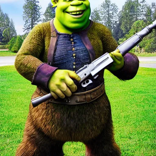 Prompt: shrek engaged in militia combat