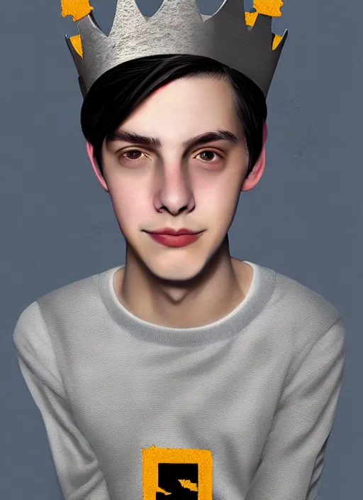 Prompt: portrait of teenage jughead jones wearing a light grey crown, photorealistic, crown, eyes closed, crown, black hair, sweater with letter s on it, letter s, intricate, elegant, glowing lights, highly detailed, digital painting, artstation, concept art, smooth, sharp focus, illustration, art by wlop, mars ravelo and greg rutkowski