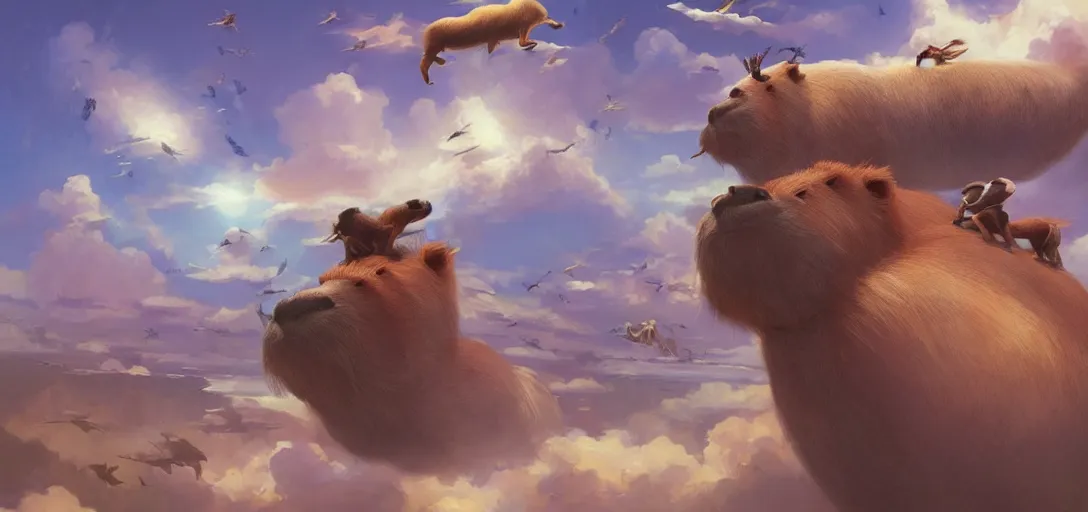 Prompt: A beautiful digital fantasy painting of giant floating capybaras migrating across the sky, trending on artstation, by Stanley Artgerm Lau, WLOP, Rossdraws, James Jean, Andrei Riabovitchev, Marc Simonetti, and Greg Rutkowski