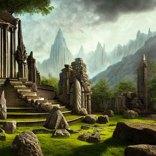 Image similar to a beautiful and highly detailed matte painting of an ancient celtic elven temple, epic scale, insanely complex, hyperdetailed, sharp focus, hyperrealism, artstation, cgsociety, 8 k, by caspar friedrich, albert bierstadt, james gurney, brian froud,