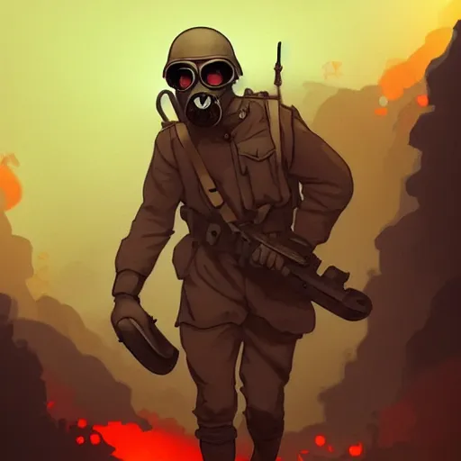 Prompt: ww 1 soldier with gas mask running towards us, epic lighting, in the style of artgerm and charlie bowater and atey ghailan and mike mignola, vibrant colors and hard shadows and strong rim light, comic cover art, plain background, trending on artstation