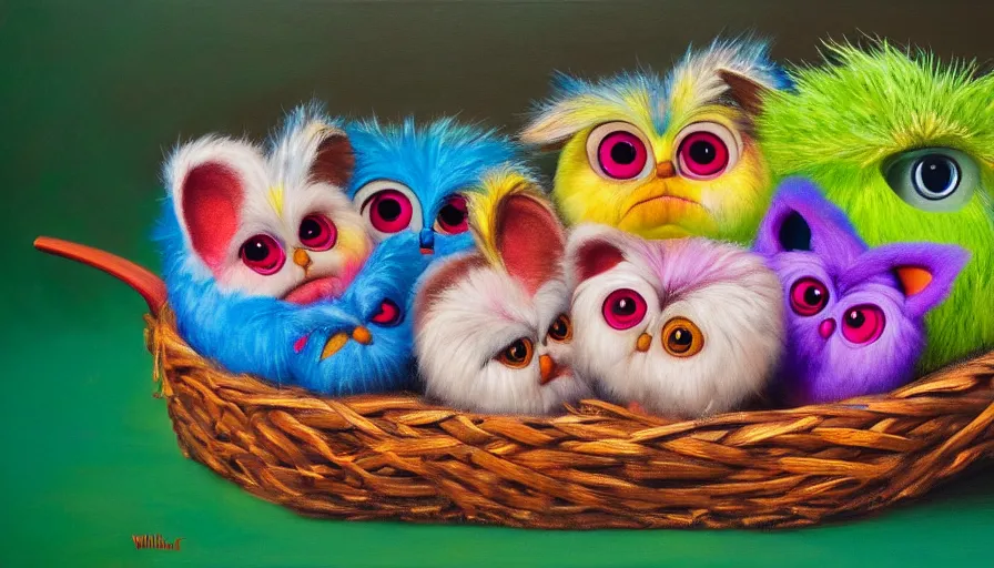 Image similar to highly detailed painting of 9 0 s furby toys cuddling up in a basket by william turner, thick brush strokes and visible paint layers, 4 k resolution