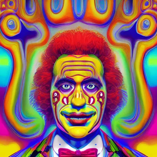 Image similar to An extremely psychedelic portrait of Ronald McDonald, surreal, LSD, face, detailed, intricate, elegant, lithe, highly detailed, digital painting, artstation, concept art, smooth, sharp focus, illustration