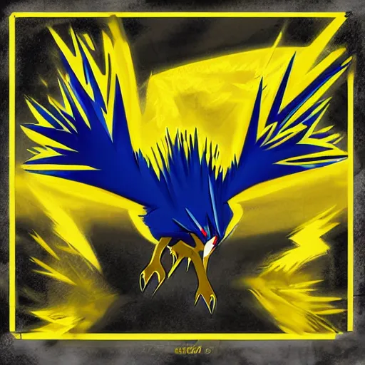 Image similar to zapdos. thunderbird pokemon. zapdos zapdos zapdos. spiky bird. birdform. flying lightning bird. yellow color.