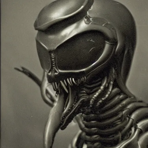 Prompt: photograph of xenomorph by edwardian, male, 1 9 0 0 s, 1 9 1 0 s, grainy, slightly blurry, faded, realistic face