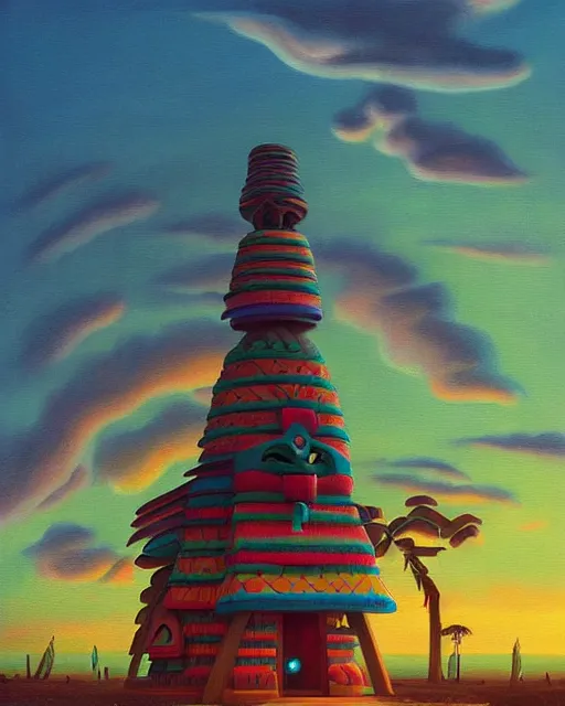 Image similar to a painting of a tribal tiki hut with a totem pole, a surrealist painting by Naoto Hattori, sunset, by Beeple, symmetry, by Makoto Shinkai and Lois van baarle, trending on deviantart, pop surrealism, lowbrow,, whimsical