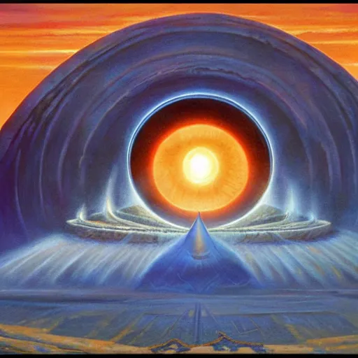 Image similar to barad - dur ( dark fortress ) and the eye of sauron, large scale painting by robert mccall and vladimir kush