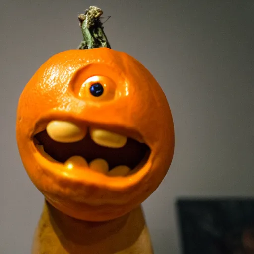 Image similar to a taxidermized annoying orange. in a museum. 8 5 mm lens. 7 0 mm entrance pupil diameter