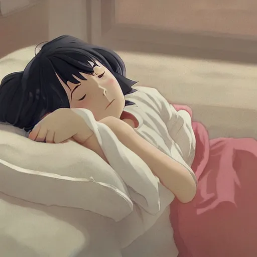 Image similar to little girl in pajama sleeping. digital artwork by makoto shinkai, inspired by pixar movies and balthus, highly detailed, realistic