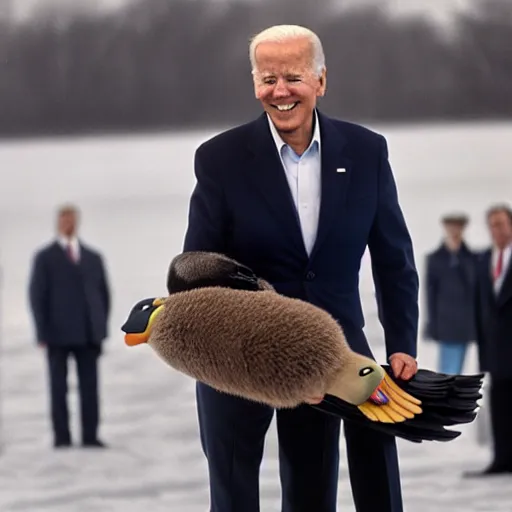 Image similar to Joe Biden holding a mallard duck