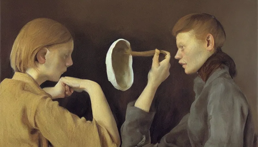 Image similar to painting by borremans, a man and woman with vase instead of the head, detailed, stunning