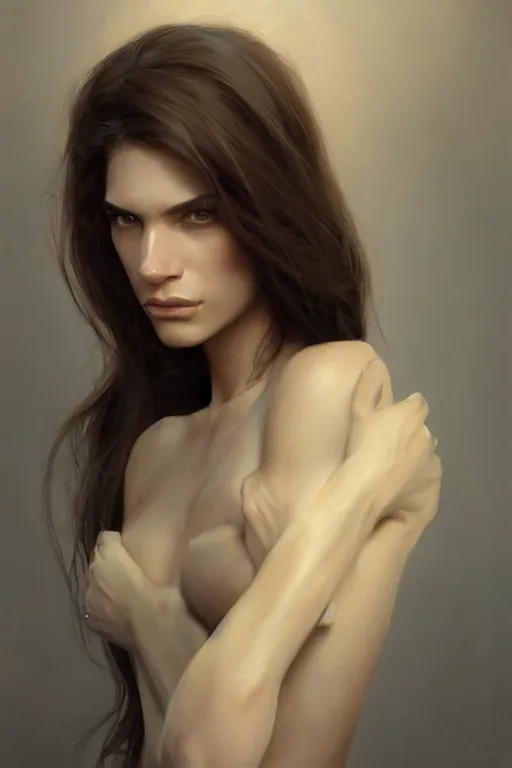 Prompt: Portrait of a Beautiful supermodel with a beautiful bone structure, long hair, olive skin, brown eyes, elegant, digital painting, highly detailed, artstation, concept art, smooth, sharp focus, illustration, art by artgerm and greg rutkowski.