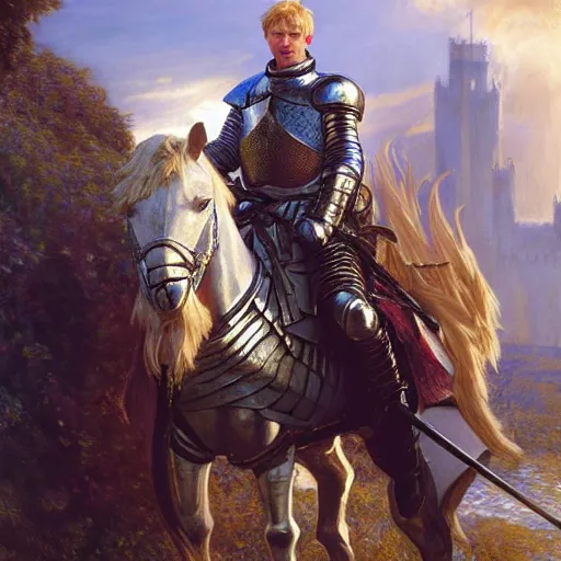 Image similar to attractive arthur pendragon and his favourite attractive male knight, they are in love, camelot, natural lighting, path traced, highly detailed, high quality, digital painting, by gaston bussiere and ross tran and j. c. leyendecker