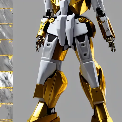 Image similar to intricate white marble and gold mecha gundam inspired full-body armour cinematic lighting mecha suit trending on artstation 8k hyperrealistic high details unreal engine 5