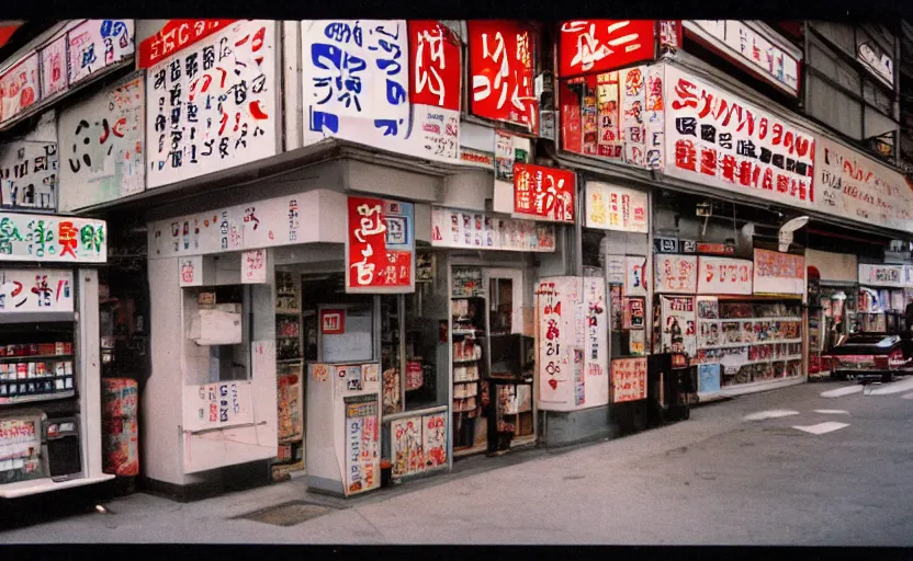 Image similar to japanese convenient store after midnight, 1 9 9 0 s, empty, television screens with static noise, bright fluorescent light