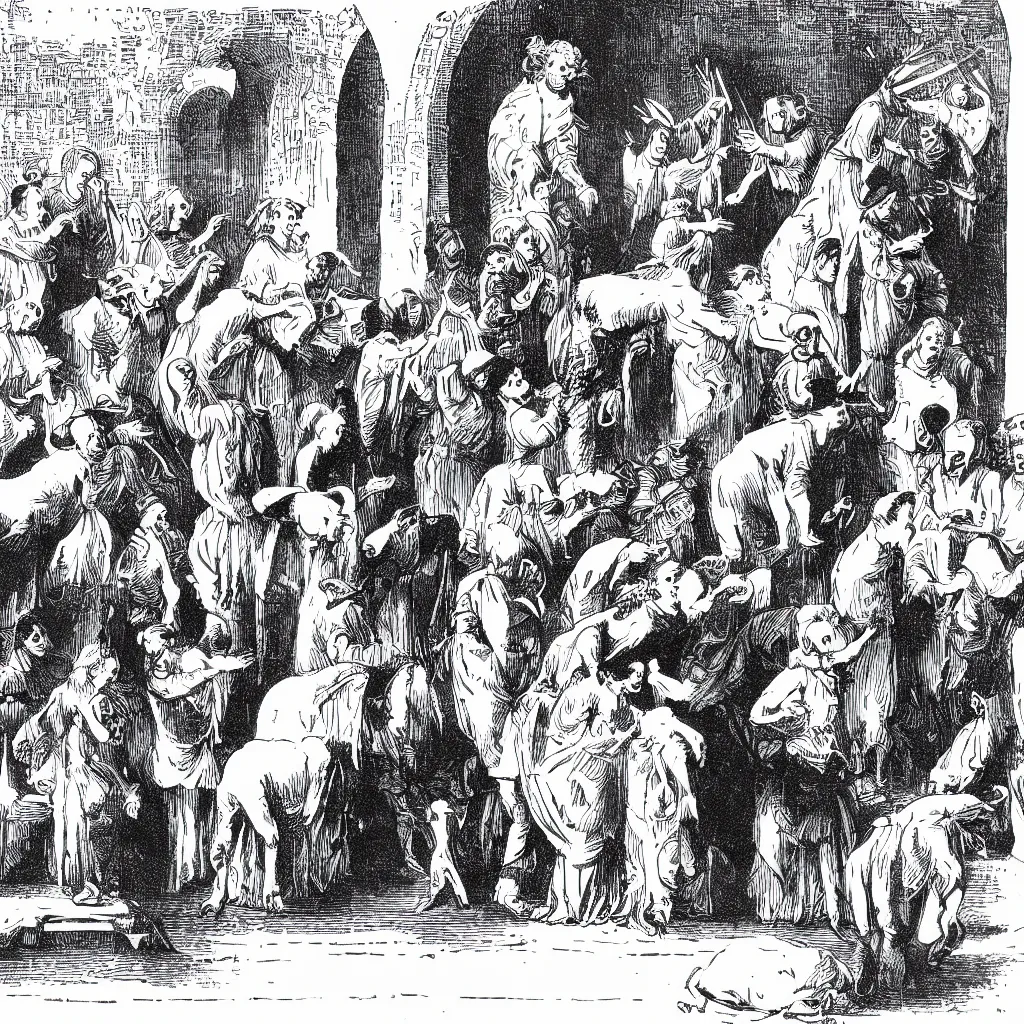 Image similar to black and white book illustration from 1 8 9 5 on yellowing paper. the illustration depicts medieval musicians worshipping a deer