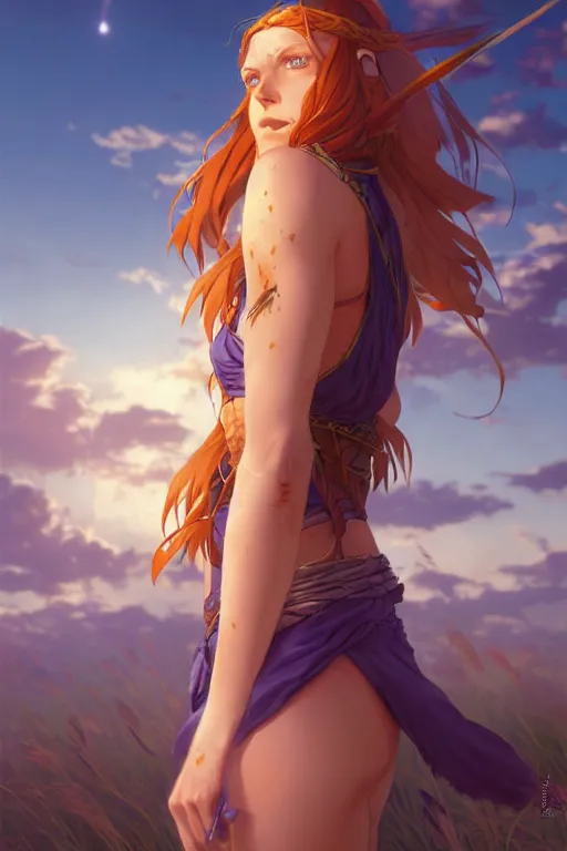 Image similar to long ginger hair, tanned woman in a prehistoric outfit, green eyes, by artgerm, hair tied in a ponytail, white backdrop, soft lighting, blue and purple colors, by greg rutkowski makoto shinkai takashi takeuchi