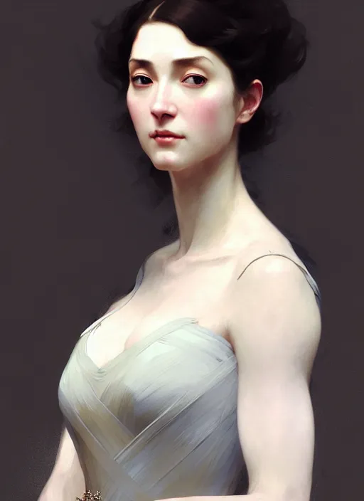 Prompt: character concept portrait of a stoic and proud woman in an elegant gown, pale face, intricate, elegant, digital painting, concept art, smooth, sharp focus, illustration, from Metal Gear, by Ruan Jia and Mandy Jurgens and William-Adolphe Bouguereau, Artgerm