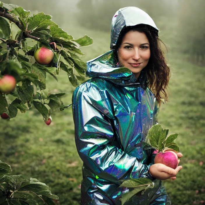 Image similar to a closeup portrait of a woman wearing a muddy iridescent holographic ski suit, picking apples from a tree in an orchard, foggy, moody, photograph, by vincent desiderio, canon eos c 3 0 0, ƒ 1. 8, 3 5 mm, 8 k, medium - format print