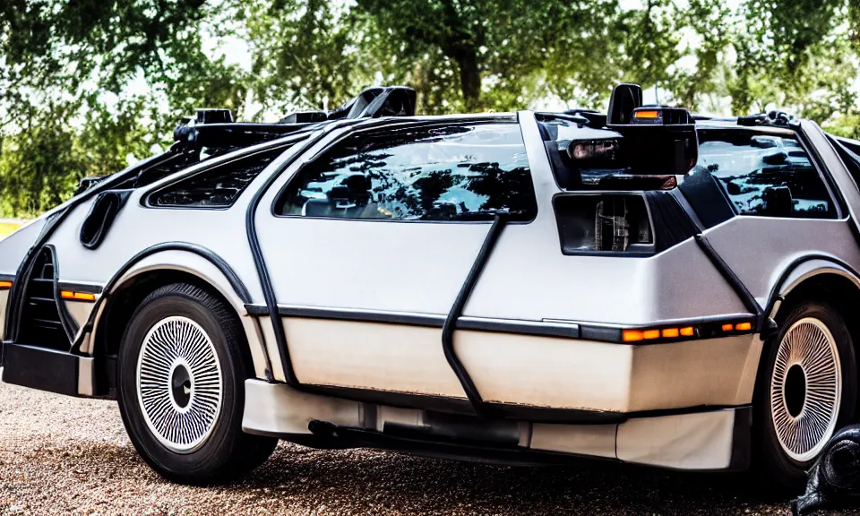 Image similar to closeup photo of a delorean standing in a beautiful palace, dof, chromatic aberration