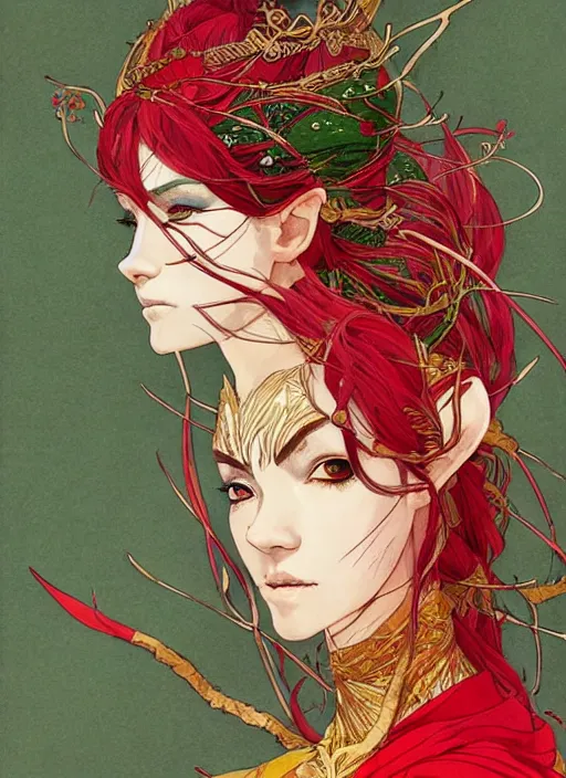 Prompt: half body portrait of a beautiful elven queen in red green gold dress, detailed, wearing kimono armor, by conrad roset, takato yomamoto, jesper ejsing, beautiful