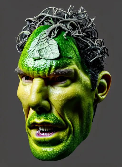 Prompt: hyperdetailed ultra sharp 3 d render of benedict cumberbatch merged with a cucumber, medium fine shot portrait, ef 8 5 mm f 1. 8 usm, bionic scifi alexandre ferra, magnolia goliath head ornaments, embroidered leaves sinuous roots, octane render, volumetric cinematic lighting, 8 k, vray tracing, no dof, no blur