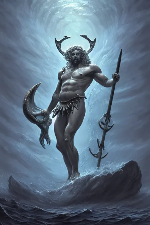 Image similar to poseidon humanoid god of the sea, trident, highly detailed, d & d, fantasy, highly detailed, digital painting, trending on artstation, concept art, sharp focus, illustration, art by artgerm and greg rutkowski and magali villeneuve